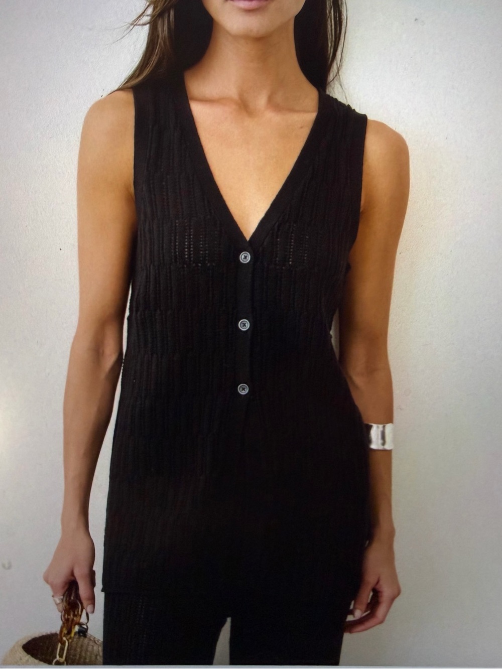 Marine Layer Sleeveless V-Neck Crochet Knit Top & Wide-Leg Pants - Black - Small - Picture 2 of 9